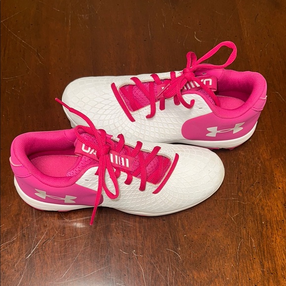 Under Armour Pink and White Softball Shoes - Picture 1 of 3